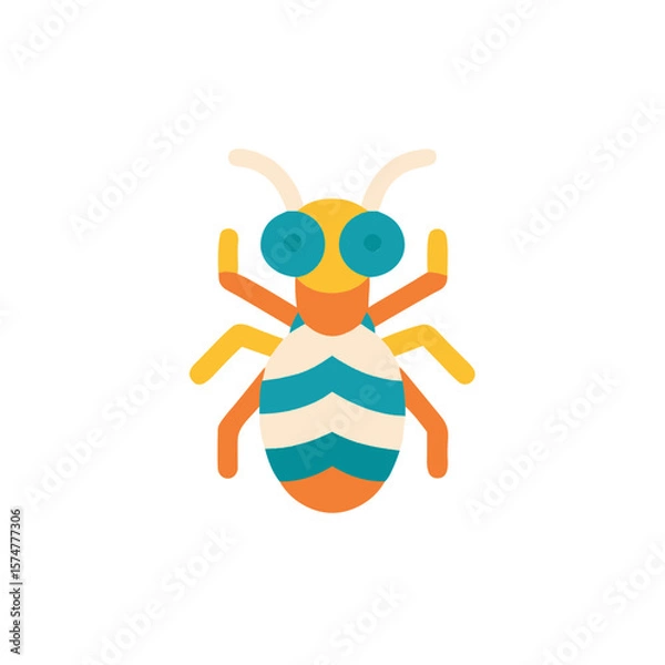 Obraz Colorful flat illustration of a cartoon bee with large eyes and striped body, showcasing vibrant colors and playful design, perfect for educational or decorative purposes