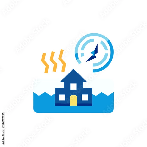 Obraz Illustration of a house surrounded by water, with rising temperature indicators and a compass, symbolizing climate change and its impact on residential areas and communities