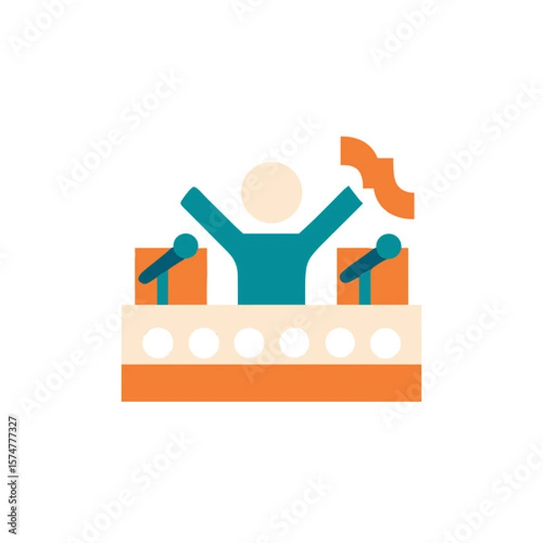 Obraz Colorful flat illustration of a joyful speaker with raised arms at a podium, surrounded by microphones, conveying excitement and engagement in a public speaking event