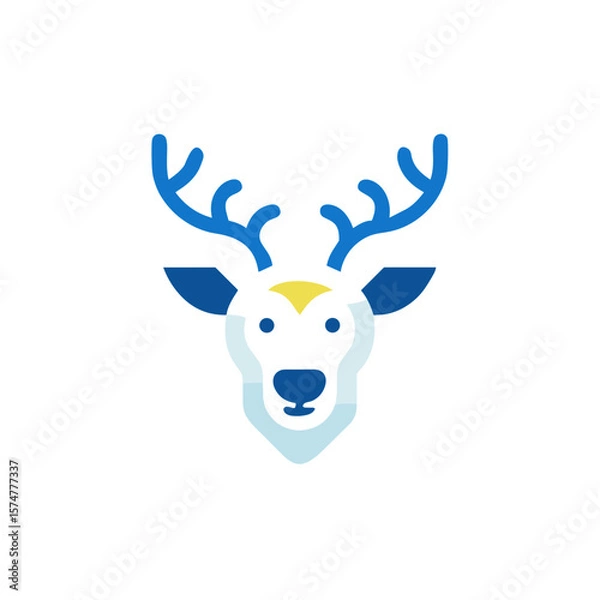 Obraz Stylized illustration of a deer head with antlers, featuring a minimalist design in blue and yellow, conveying a modern and artistic representation of wildlife