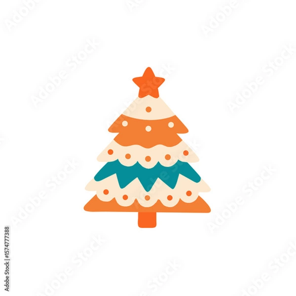 Obraz Colorful flat illustration of a stylized Christmas tree adorned with decorative elements, featuring vibrant layers and a star on top, perfect for holiday-themed designs and seasonal celebrations