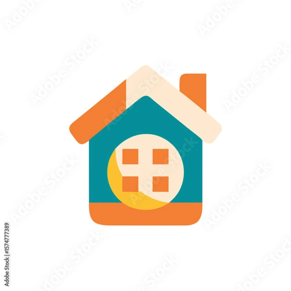 Obraz Colorful flat illustration of a modern house with a vibrant roof, circular window, and a sunny atmosphere, representing home design and architecture concepts in a playful style