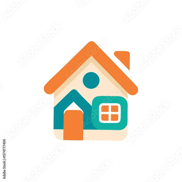Obraz Colorful flat illustration of a charming house with a triangular roof, circular window, and vibrant door, representing home, comfort, and welcoming atmosphere in a modern design style