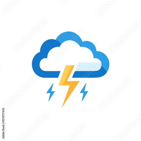 Obraz Colorful flat illustration of a thunderstorm with dark clouds, lightning bolt, and rain, depicting a dynamic weather scene with vibrant blue and yellow elements