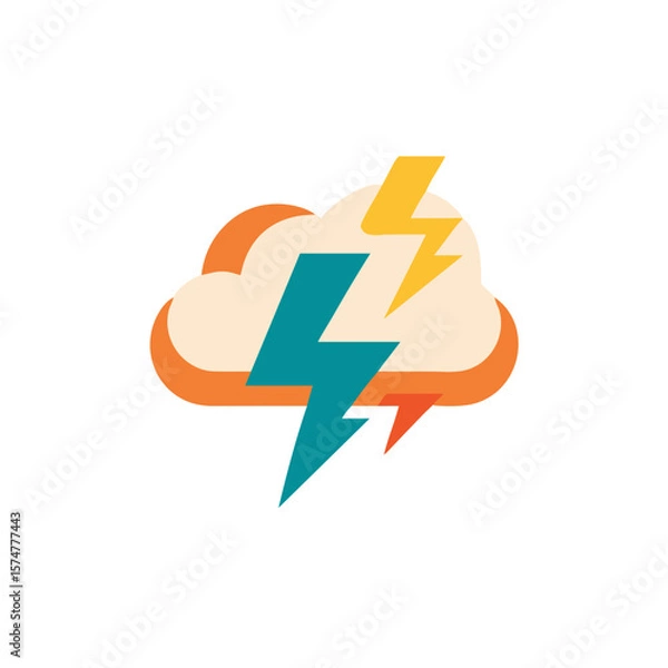 Obraz Colorful flat illustration of a storm cloud with lightning bolt and rain, depicting a dramatic weather scene, conveying the power of nature and atmospheric changes