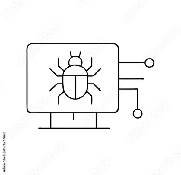 Obraz Illustration of a computer screen displaying a bug symbol, representing software issues, with circuit lines connecting to the device, emphasizing technology and debugging concepts