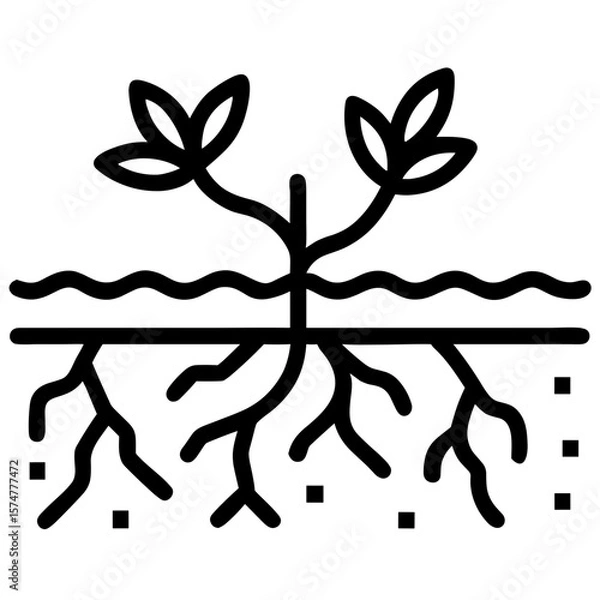Obraz Illustration of a plant with roots and leaves, showcasing the intricate connection between soil and foliage, representing growth and nature's beauty in a minimalist design