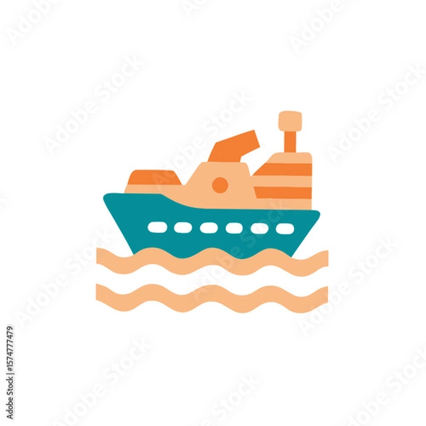 Obraz Colorful flat illustration of a cargo ship sailing on waves, showcasing maritime transport and trade, with a vibrant design and playful elements for visual storytelling