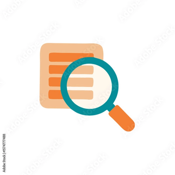 Obraz Colorful flat illustration of a magnifying glass over a document with lines, symbolizing search, analysis, and information discovery in a digital context for creative projects
