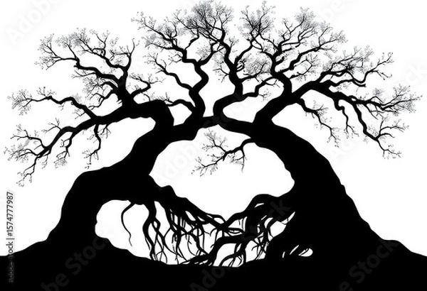 Fototapeta Striking silhouette of two intertwined trees with bare branches, forming a powerful natural embrace.