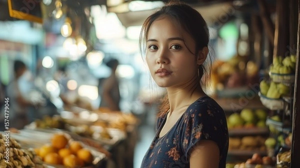 Fototapeta Asian Woman Market stall Owner. Merchant Selling working in Market stall, looking at camera. Startup successful small business owner. Small and Medium Enterprises concept. 
