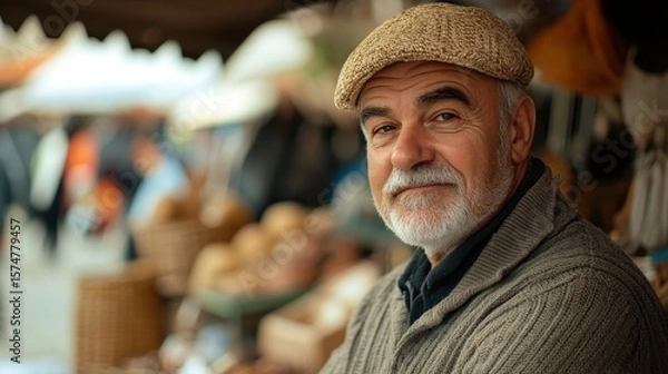 Fototapeta European Man Market stall Owner. Merchant Selling working in Market stall, looking at camera. Startup successful small business owner. Small and Medium Enterprises concept. 