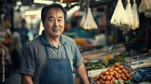 Fototapeta Asian Man Market stall Owner. Merchant Selling working in Market stall, looking at camera. Startup successful small business owner. Small and Medium Enterprises concept. 