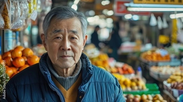 Fototapeta Asian Man Market stall Owner. Merchant Selling working in Market stall, looking at camera. Startup successful small business owner. Small and Medium Enterprises concept. 