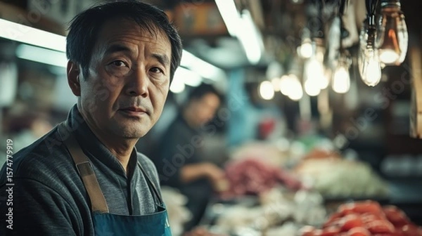 Fototapeta Asian Man Market stall Owner. Merchant Selling working in Market stall, looking at camera. Startup successful small business owner. Small and Medium Enterprises concept. 