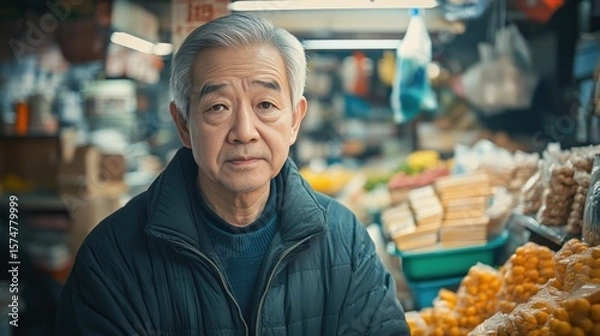 Fototapeta Asian Man Market stall Owner. Merchant Selling working in Market stall, looking at camera. Startup successful small business owner. Small and Medium Enterprises concept. 