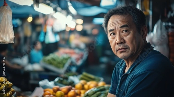 Fototapeta Asian Man Market stall Owner. Merchant Selling working in Market stall, looking at camera. Startup successful small business owner. Small and Medium Enterprises concept. 