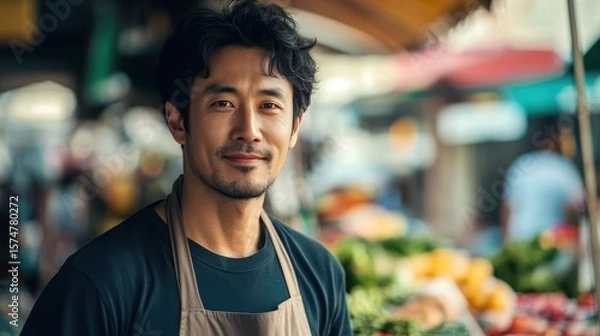 Fototapeta Asian Man Market stall Owner. Merchant Selling working in Market stall, looking at camera. Startup successful small business owner. Small and Medium Enterprises concept. 
