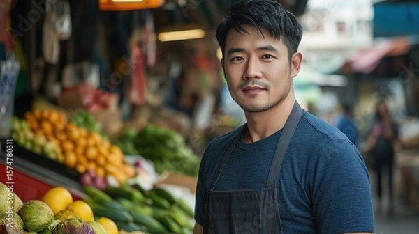 Fototapeta Asian Man Market stall Owner. Merchant Selling working in Market stall, looking at camera. Startup successful small business owner. Small and Medium Enterprises concept. 