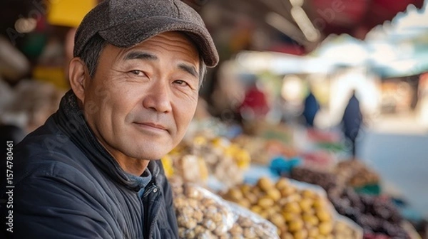 Fototapeta Asian Man Market stall Owner. Merchant Selling working in Market stall, looking at camera. Startup successful small business owner. Small and Medium Enterprises concept. 