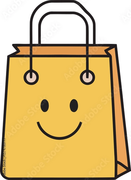 Obraz A yellow shopping bag with a smiling face and handles, presented as a simple cartoon illustration.