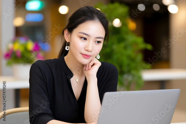Obraz Asian woman in black blouse is thoughtfully working on a laptop in a modern office environment with plants and soft lighting, showcasing a professional and focused atmosphere