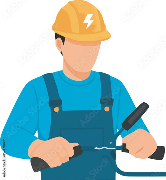 Obraz An electrician wearing a hard hat is connecting electrical wires carefully.
