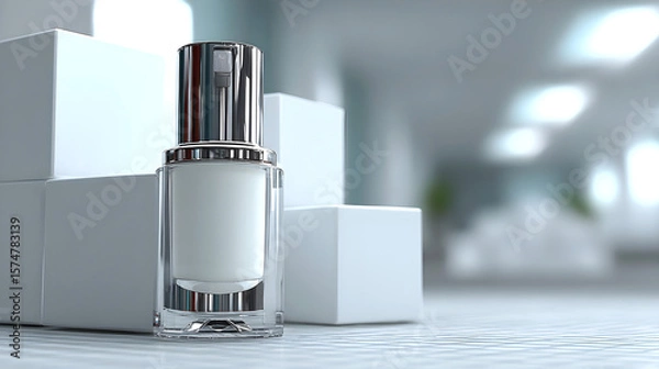 Obraz Elegant glass cosmetic bottle with silver cap, placed beside white cubes on a textured surface, showcasing beauty product in a modern, minimalistic setting