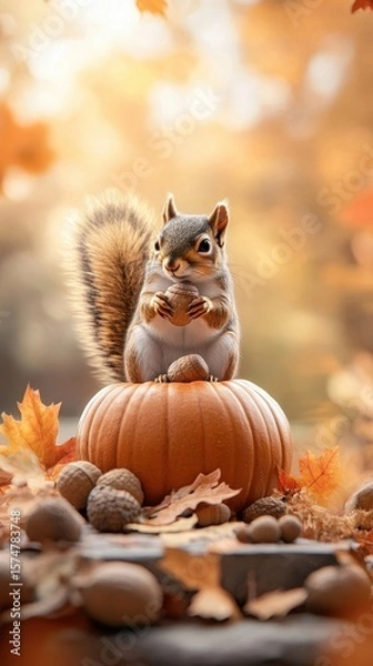 Fototapeta Squirrel Holding Nut on Pumpkin in Autumn