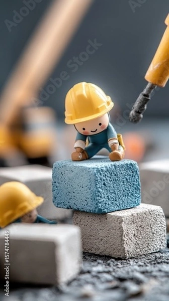 Fototapeta Construction Worker Figurines with Building Blocks