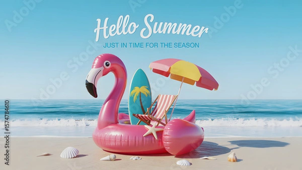 Fototapeta Hello Summer scene presents flamingo float, beach chair, umbrella, and surfboard against a bright blue ocean horizon