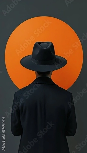 Fototapeta Mysterious Figure in a Hat Facing an Orange Circle on a Gray Background