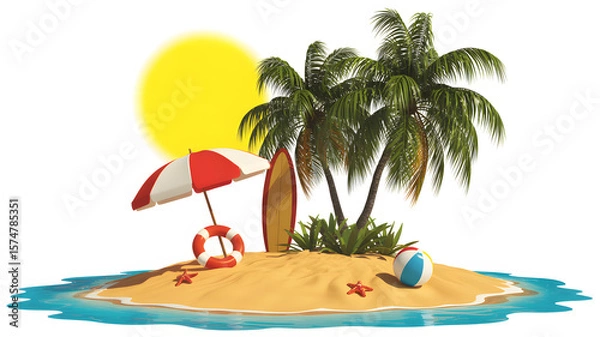 Fototapeta Summer vacation vibes come alive in a vibrant tropical beach scene with palm trees and sunshine, creating a playful island getaway.