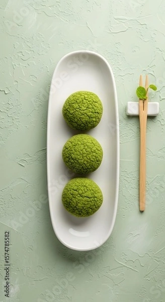 Obraz Delicious matcha mochi dessert on white plate with chopsticks and leaf garnish food photography