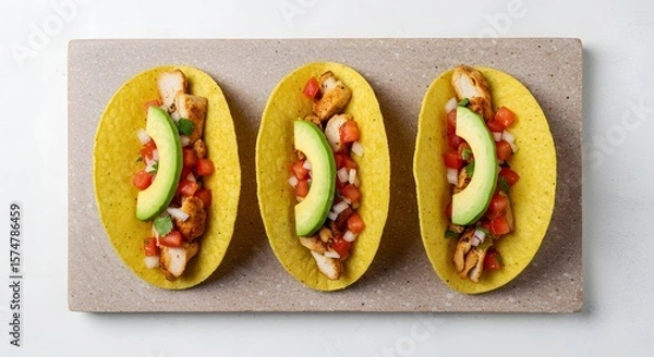Obraz Delicious chicken tacos with avocado and fresh salsa on a stone plate perfect for your next fiesta