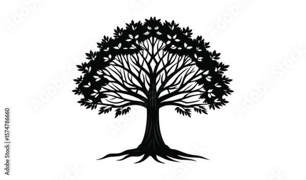 Fototapeta Black silhouette of a large tree with roots