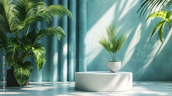 Fototapeta Modern Minimalist Podium Display with Tropical Palm Leaves and Sunlight Shadows in Elegant Interior with Blue Tones