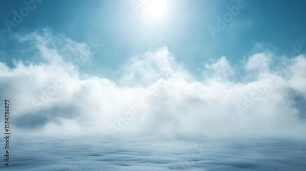 Fototapeta Peaceful View of a Bright Blue Sky and White Clouds over a Calm Frozen Landscape with Soft Sunlight and Gentle Mist