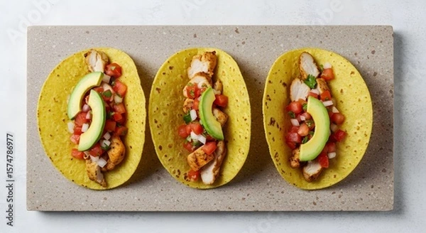Obraz Delicious chicken tacos with avocado and salsa on a stone board ready to be served and enjoyed today