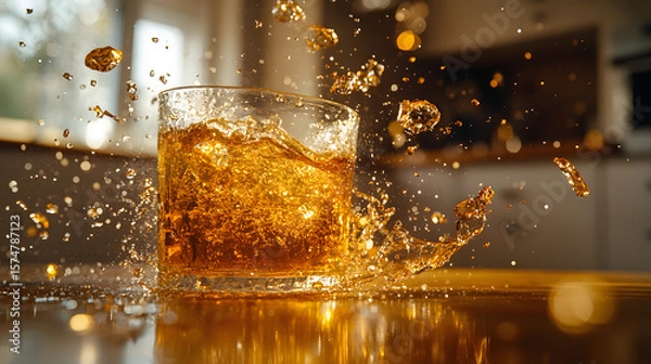 Fototapeta Splashing Whiskey in a Glass with Ice Cubes in Golden Hour Kitchen Setting Captured in Motion