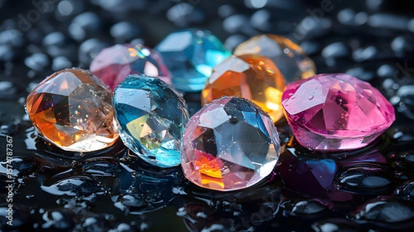 Fototapeta Vibrant Multicolored Gemstones on a Wet Black Surface with Shimmering Reflections and Water Droplets