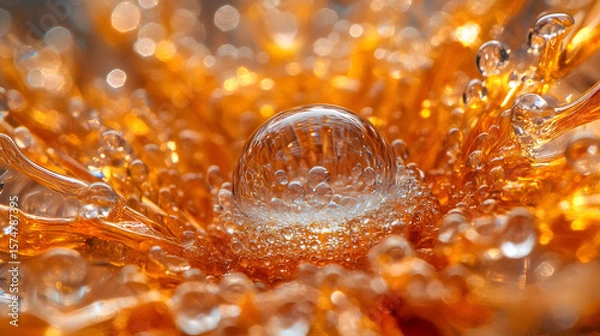 Fototapeta Vibrant Orange Splash with a Glassy Liquid Sphere and Bokeh Lights Featuring a Macro Shot of Fluid Motion