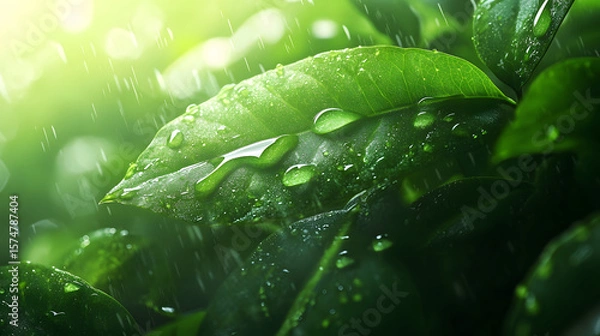 Fototapeta Vivid close-up of fresh green leaves during rainstorm with glowing sunlight and crystal clear raindrops highlighting natural textures