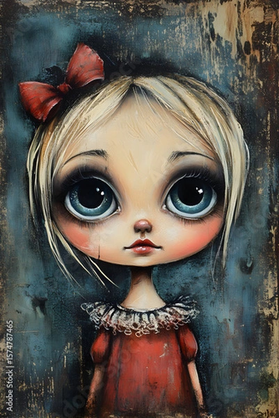 Fototapeta Whimsical Portrait of a Sad-Eyed Girl in Red Dress with Vintage Texture and Surreal Big Eyes in a Dark Fairytale Style
