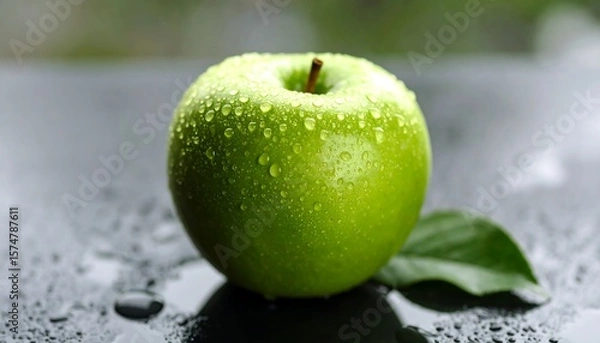Obraz Closeup of a Green Apple Covered in Water Droplets on a Dark Surface