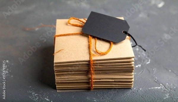 Obraz Stacked Kraft Paper Mockup with Stitched Orange Cord and Blank Tag