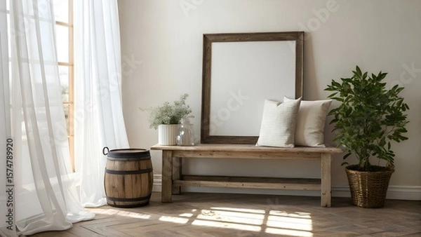 Fototapeta Rustic wooden bench with empty frame and plants near window with sheer curtains