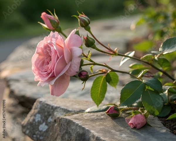 Fototapeta Delicate pink rose and buds resting on weathered stone in soft sunlight