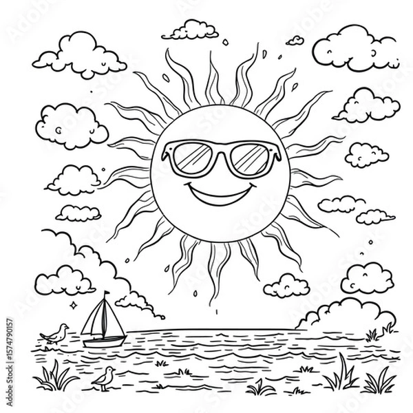 Fototapeta Sunny Day Delight  Cartoon Sun with Sunglasses Smiling Over Gentle Waves, Clouds, and Sailboat in a Stylized Black and White Shore Scene