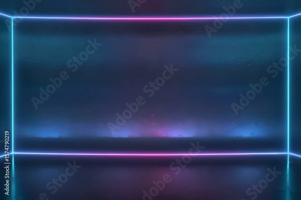 Fototapeta Futuristic neon lighted room with blue and pink glow and reflective surface